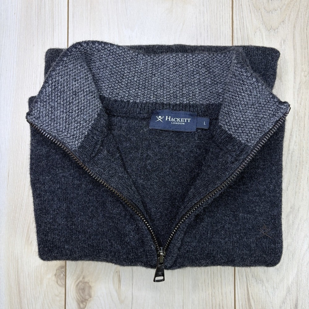 Hackett London Dark Grey 100% Lambswool Half Zip Knitwear Sz L With Elbow Pads